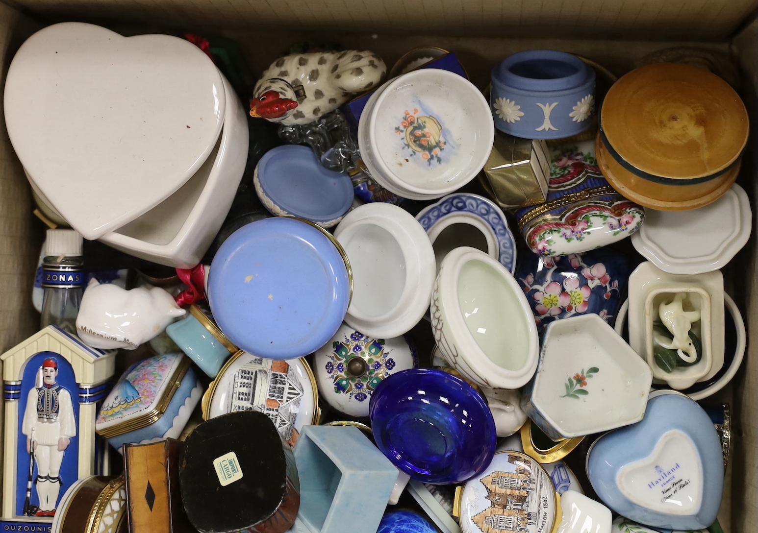 A large collection of porcelain and enamel trinket and patch boxes, together with miniature animals in glass and porcelain, (approximately 80 pieces)